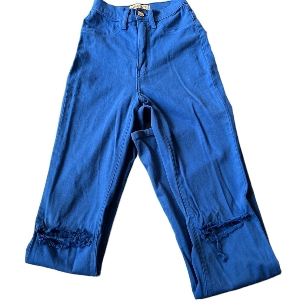 Royal Blue jeans. Wide leg. Distressed knees. (3)